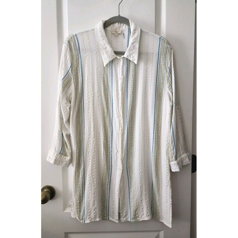 Elan Women's stripes Blouse button Up Tunic Roll Tab Sleeve White Size M